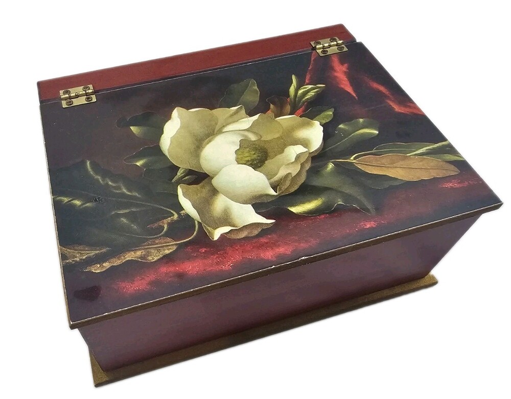 Vintage Wooden Jewelry Box Floral Flower Lid 4 Compartment Organizer Burgundy...
